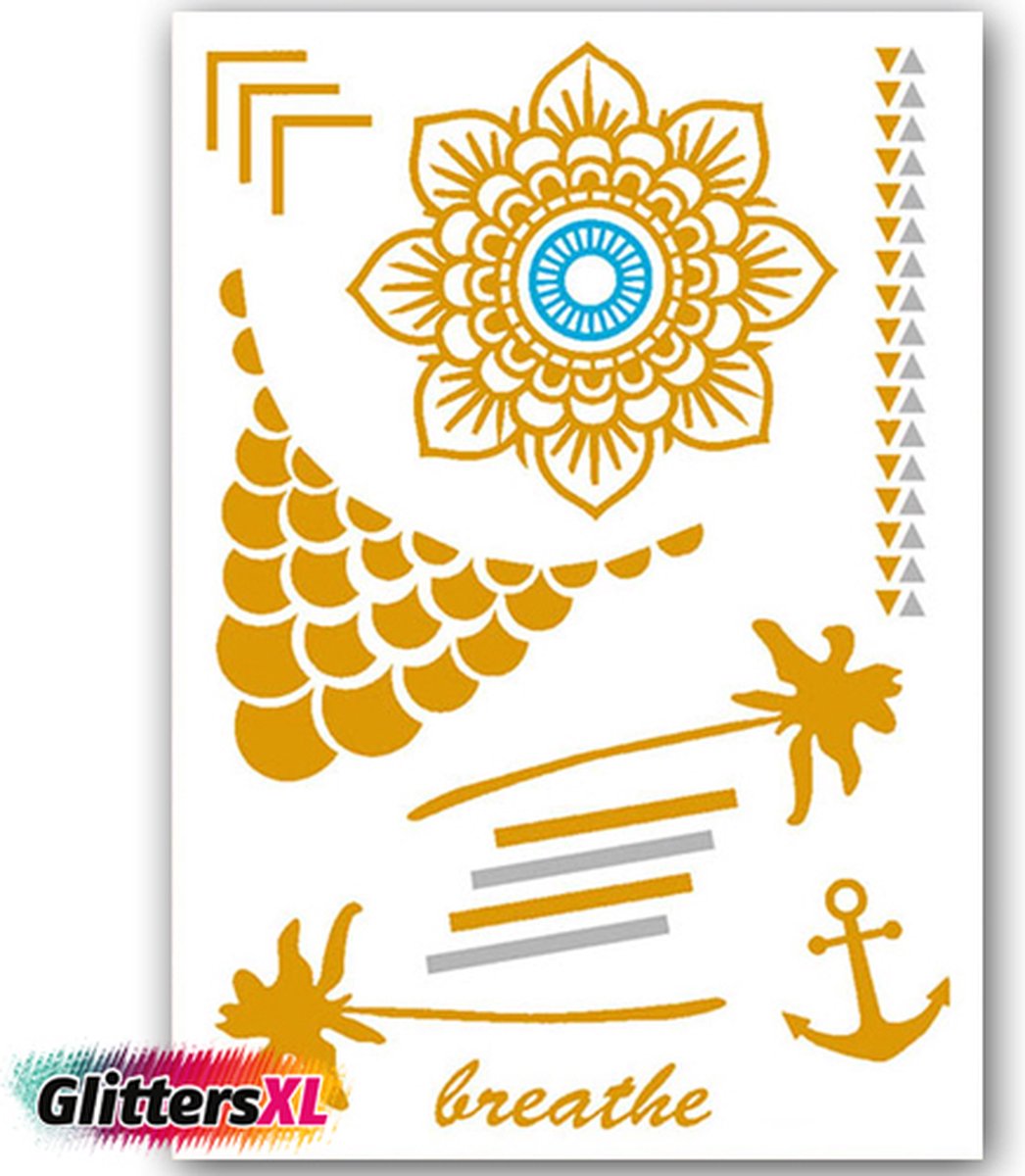 GlittersXL - Temporary Tattoo Goud/Gold (11x6cm) [Neptattoo Ibiza Turquoise - Tijdelijke tatoeage - Nep Fake Tattoos - Water overdraagbare festival sticker henna outfit tattoo - Glitter tattoo - Volwassenen Kinderen Jongen Meisje]